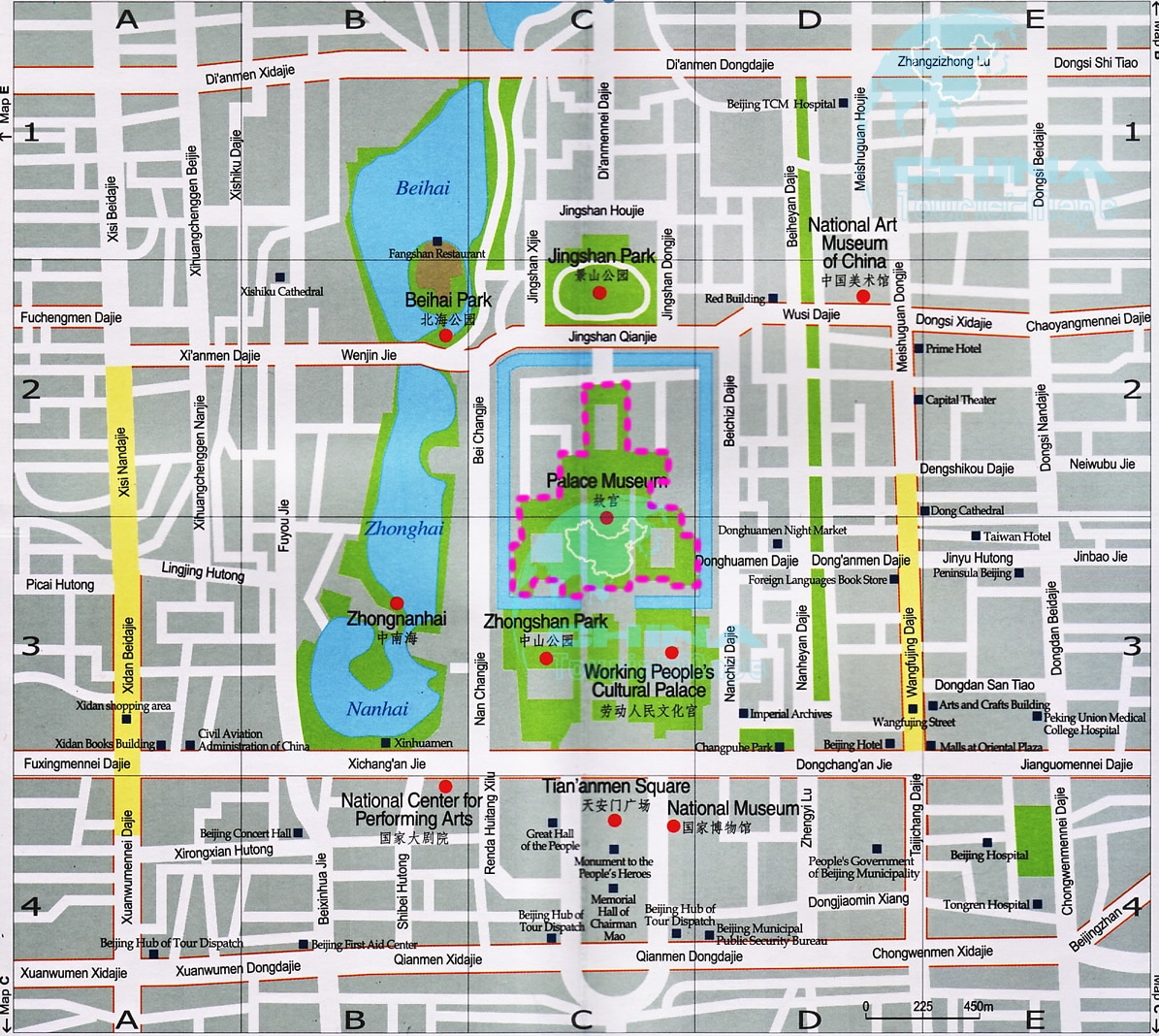 北京市中心(紫禁城、天安门)旅游地图