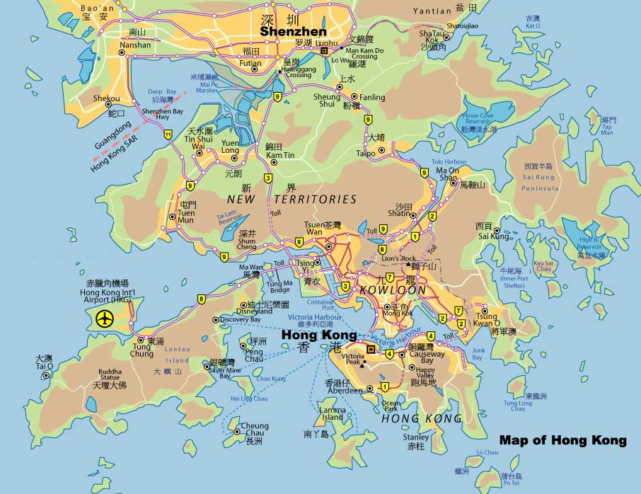 香港、新界、大屿山及深圳的地图