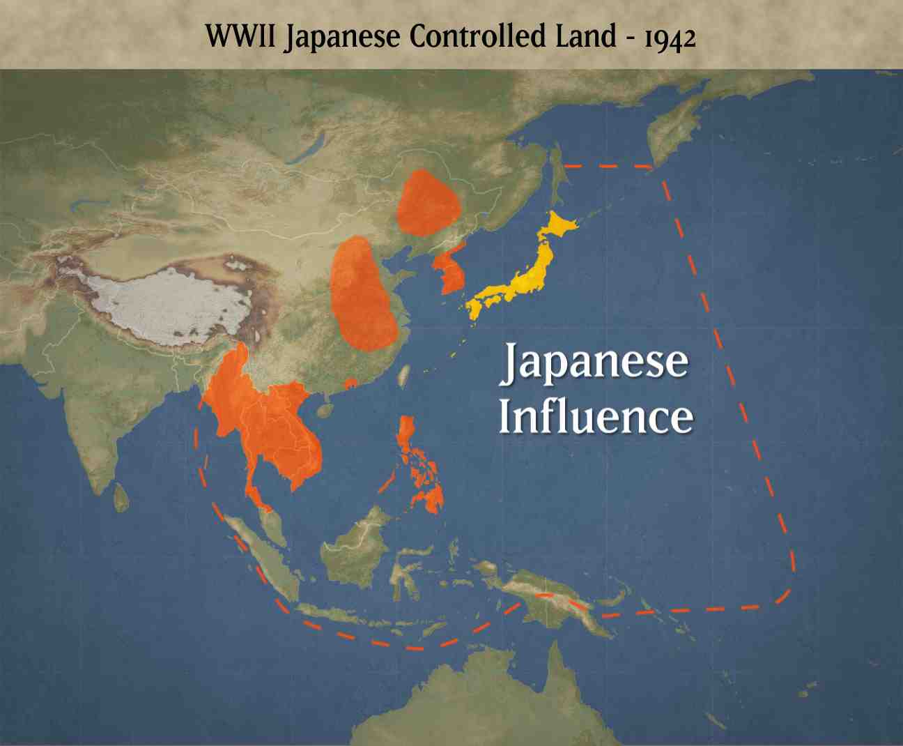 1942年二战期间日本控制的领土地图