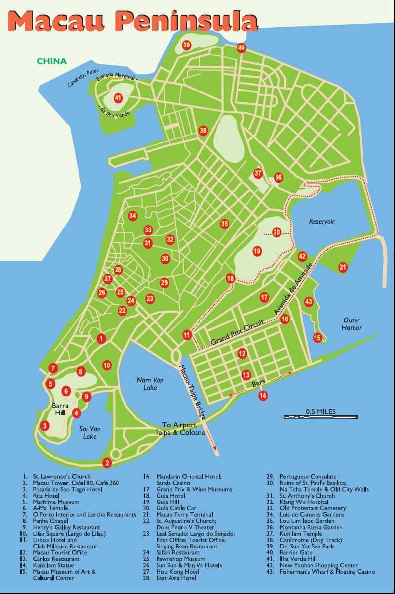澳门旅游地图显示餐厅、酒店、景点