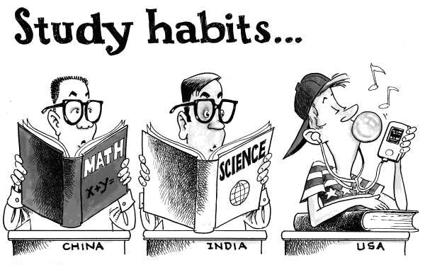 关于中国、印度和美国学生学习习惯的讽刺漫画
